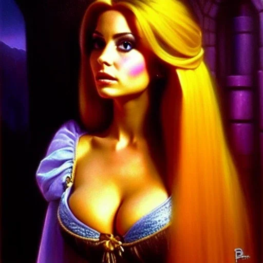 portrait of beautiful busty Rapunzel painting by Brom, oil on canvas, cinematic composition, extreme detail,fit full head inside picture