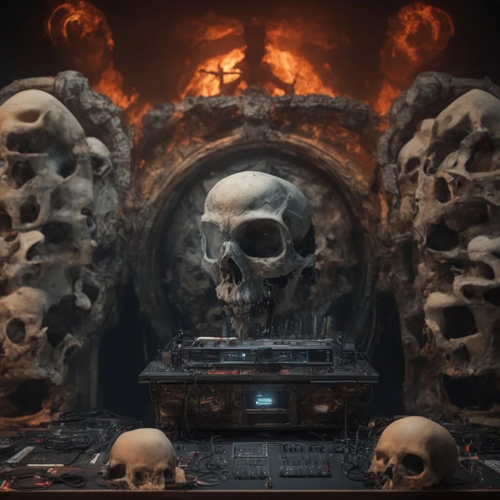 DJ of the damnded, insanely detailed DJ booth in hell, MID set, speakers and equipment made of bone, anatomically correct, add more skulls in th audience, photorealism, vray, 8k 3d