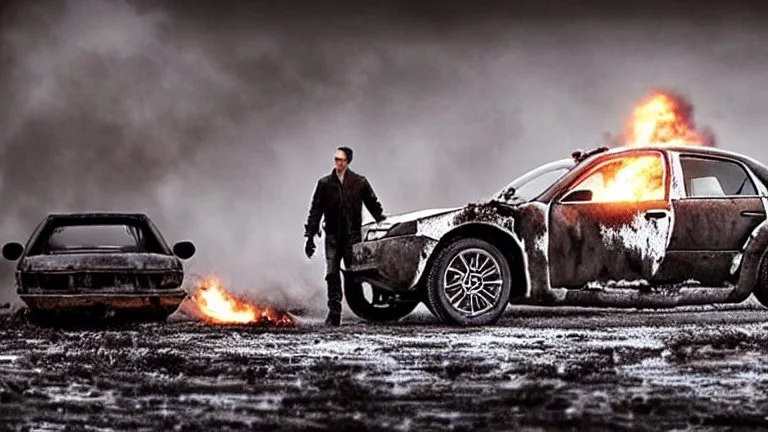 A Tesla's 'Model S Plaid' is doing donuts, in the post-apocalyptic world of the 'Terminator' movies. CINEMATIC. WIDE ANGLE LENS. PHOTO REAL.