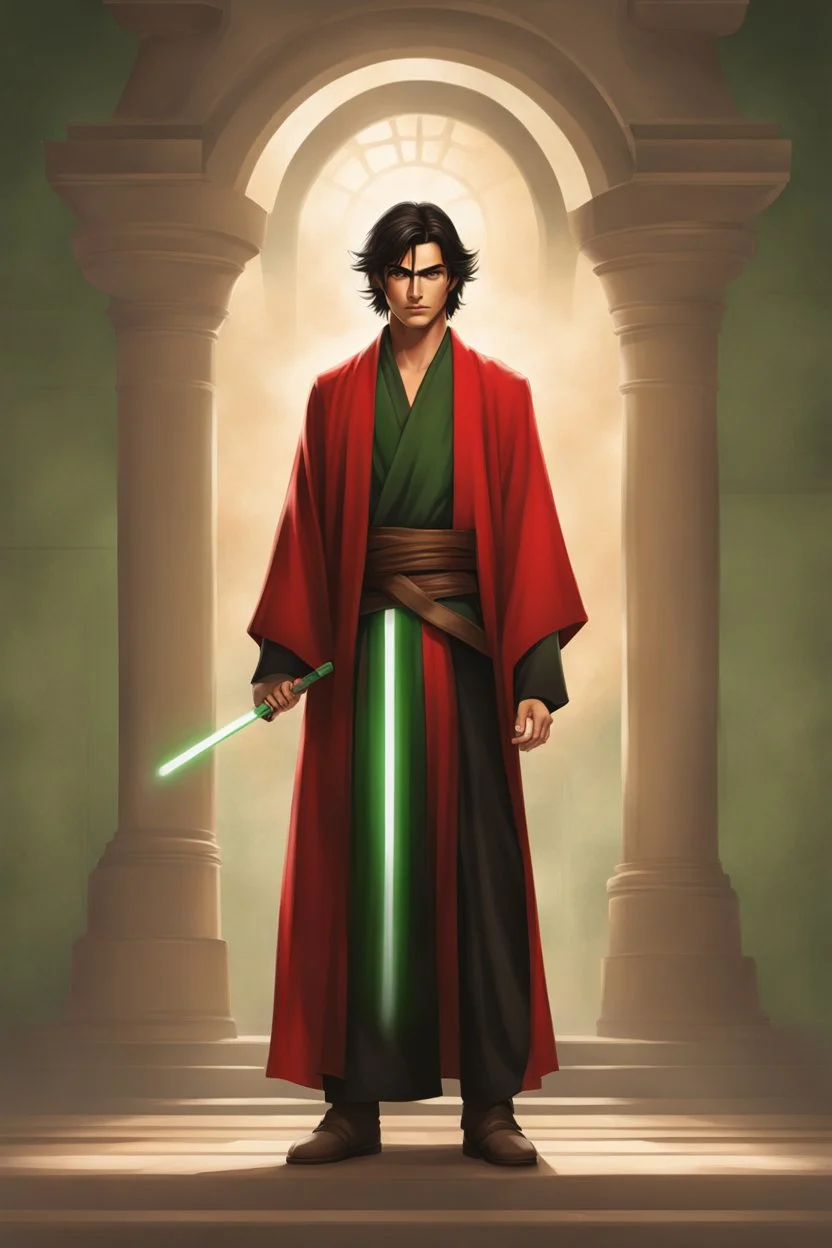 Full Body, Male Tan Human, Jedi Order, Red Blindfold, Green and Black Robes, Handsome face, Black hair.