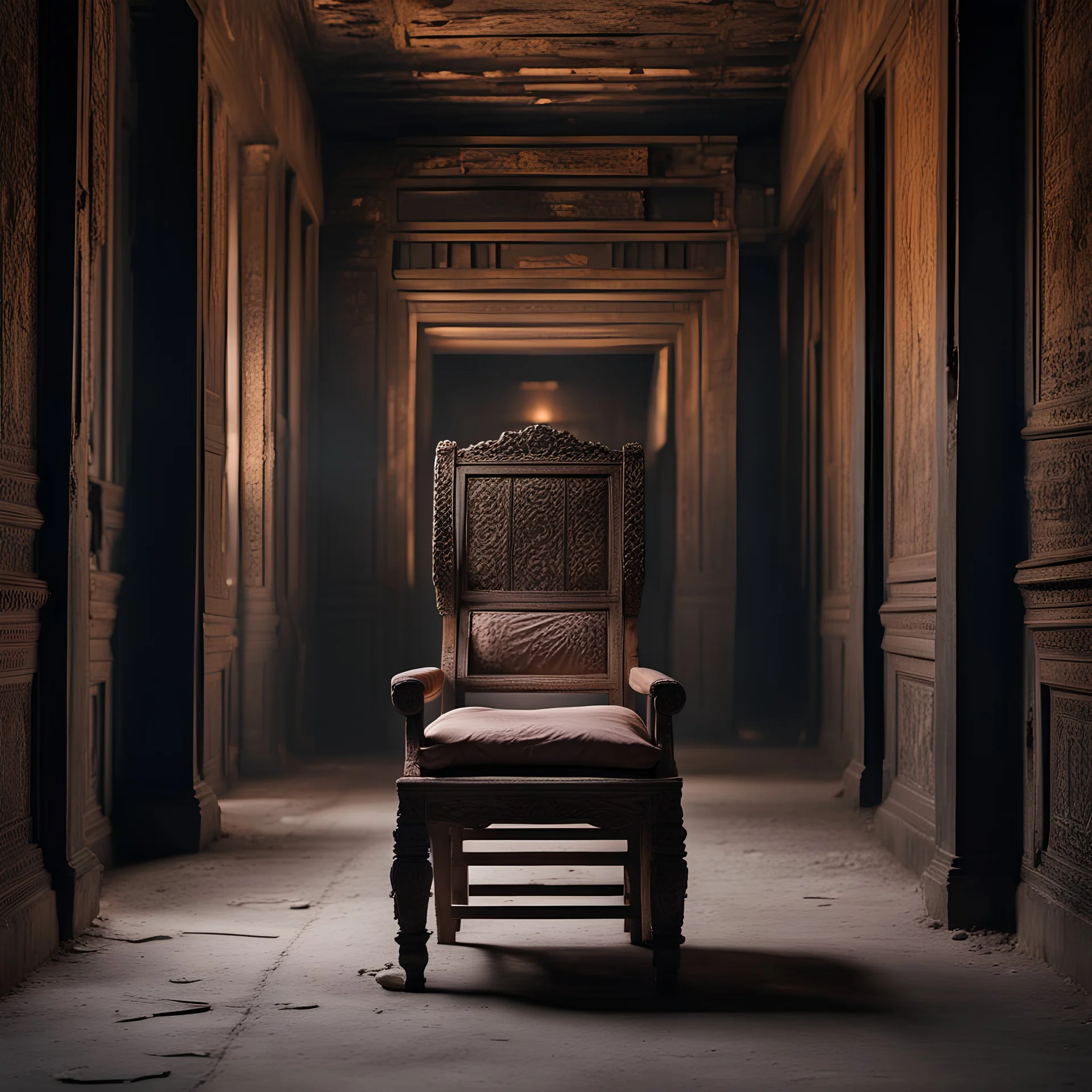 Hyper Realistic traditional ancient chair between a huge dark hallway of a historical Indian palace with peeling wall paints at night