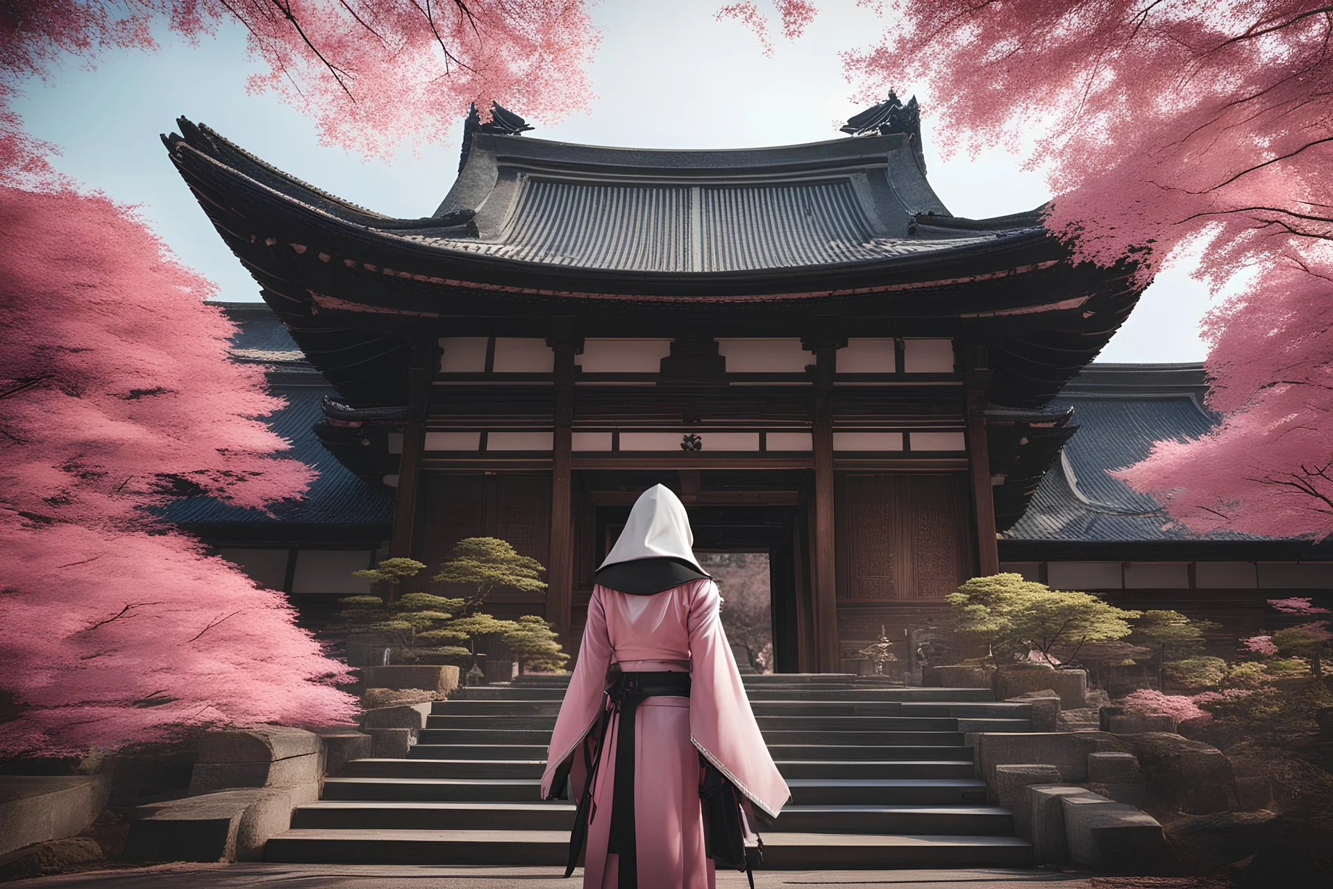 a japanese girl in assassin creed costume satnding in a temple surrounded with trees with pink leaves