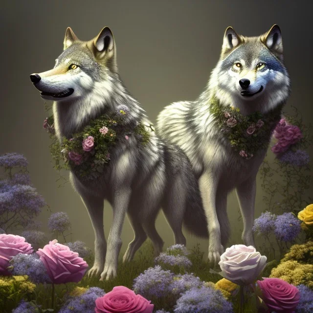 a wolf standing among flowers, sunlit, flickering light, stunning, beautiful, sharp, crisp, 8k resolution, centered, high-quality, ultrafine-detail, digital art, detailed matte, volumetric lighting, illustration, 3D octane render, brian froud, howard lyon, ben goossens, George Grie, alphonse mucha