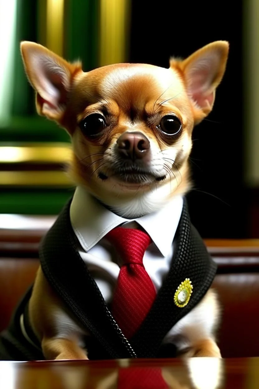 picture of a very strong chiwawa dog being the president of Mexico