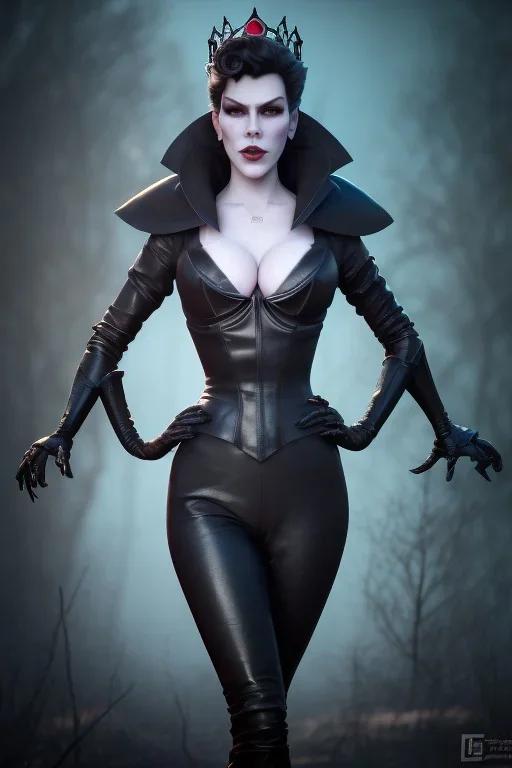 Hannah Waddingham as evil queen in black leather, busty, cleavage, voluptous, rebecca Welton, angry, stern look. character design by cory loftis, fenghua zhong, ryohei hase, ismail inceoglu and ruan jia. unreal engine 5, artistic lighting, highly detailed, photorealistic, fantasy