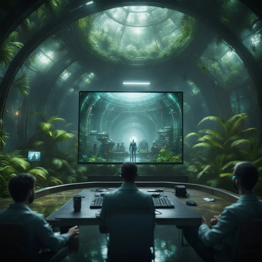 a video conference on transparent video screen with multiple sick aliens held by a scientist in dark lit reflective wet jungle metallic hall dome hotel tunnel, in the style of a fallout 4,bokeh like f/0.8, tilt-shift lens 8k, high detail, smooth render, down-light, unreal engine, prize winning