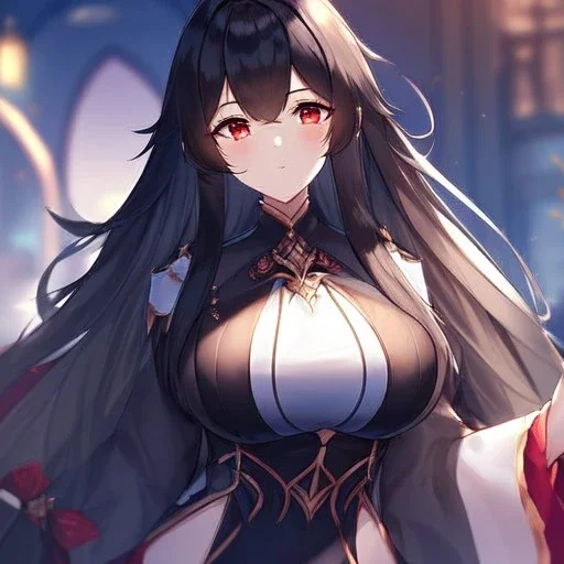 Clear focus, high resolution, black long fluffy hair, red eyes, wearing a detailed outfit