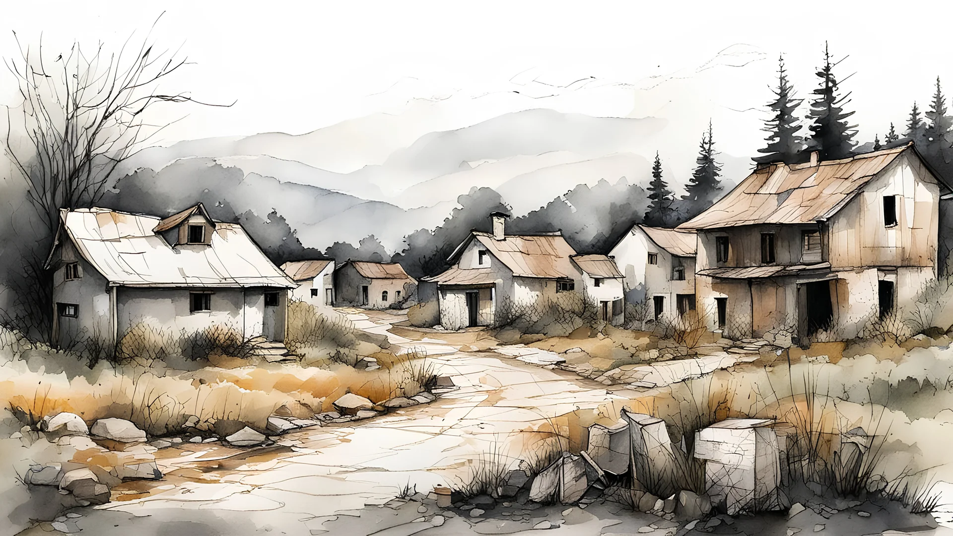 Street Sketch of an Abandoned Village Fineliner and Marker on Paper, in Ink and Watercolor Style, Ivory Color Palette, Oversized Canvases, Pixelated, Colorful Landscapes, Watercolor, High Resolution, Highly Detailed