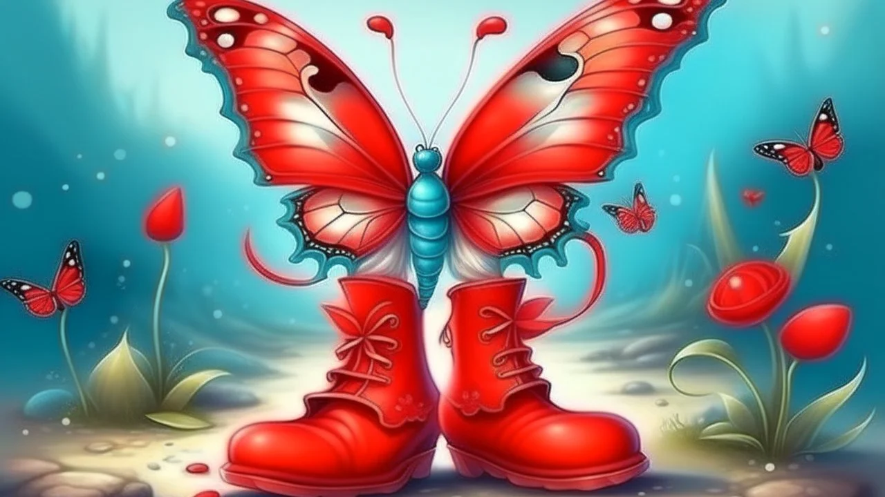 fantasy style cute little butterfly wearing red boots