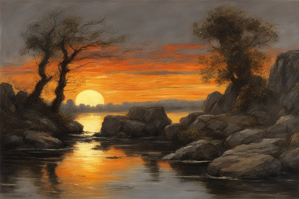 sunset, rocks, trees, dark fantasy influence, ludwig dettman, and willem maris impressionism paintings