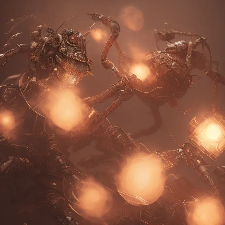 close-up of a insect with samurai armor breating out smoke in a low-light japanese city street with laterns, realistic, steampunk, 3d-art, futuristic, minimal design, unreal engine