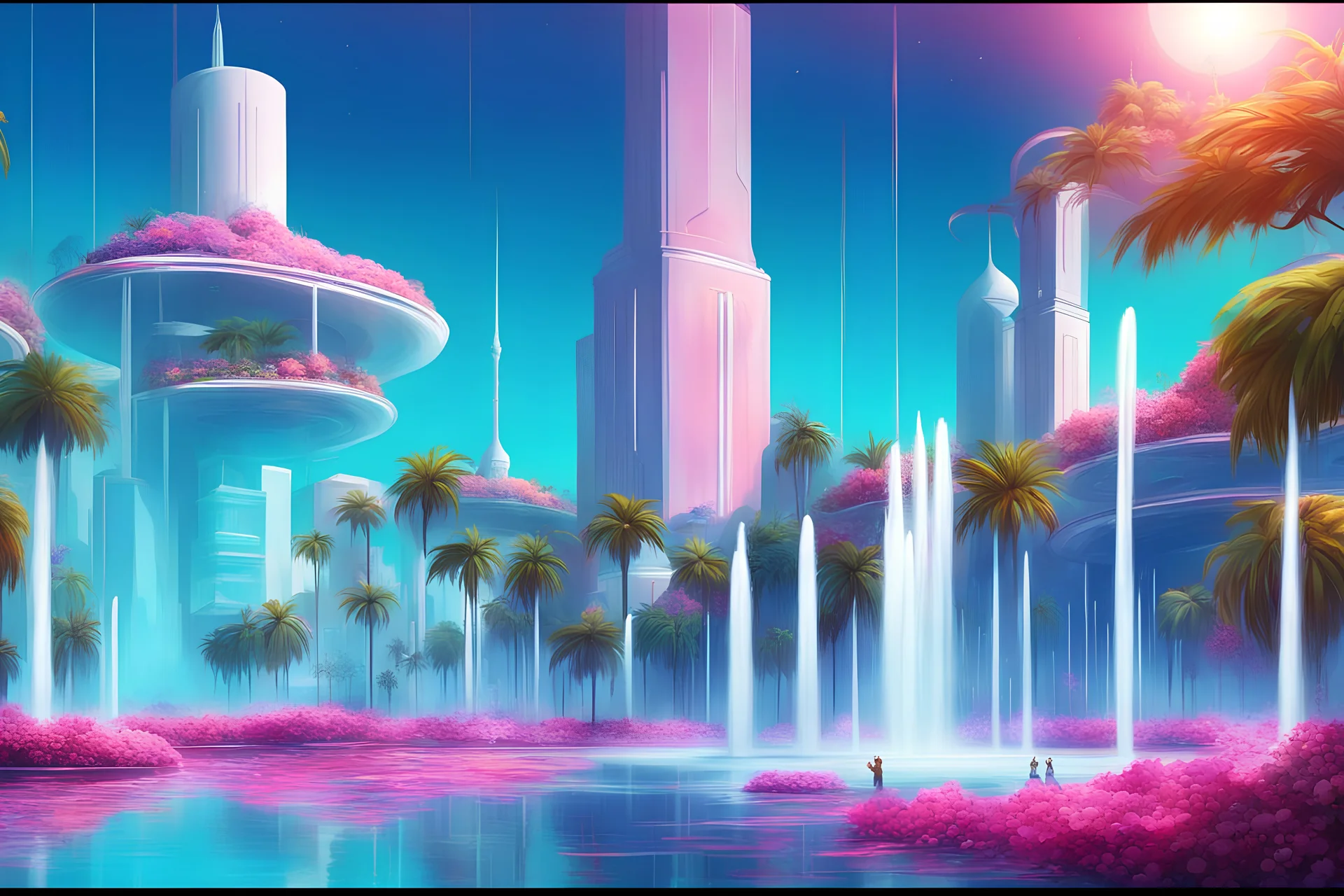 a futuristic city with small aerial buildings, a lot of flowers and palm trees, and a lot of big tress and pink flowers, a lot of fountains, in bright colors, luminous painting, colors