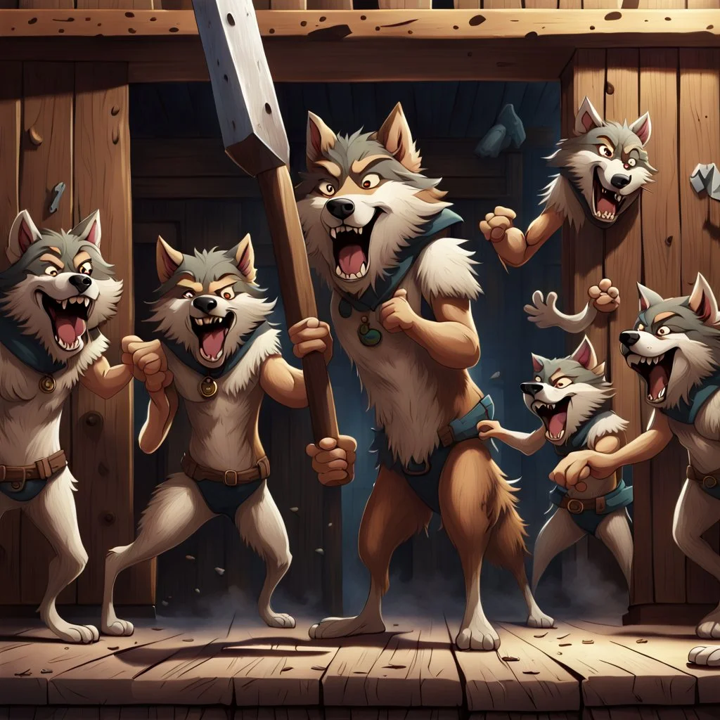 A group of anthropomorphic wolves react in surprise as one large hammer flies in the air against the wall of the wooden building. in the background other anthropomorphic wolves watch the scene unfold with expressions of shock and with surprise faces. one young anthropomorphic wolf in bodyhair stands in the foreground held up empty two paws, high realistic, detailed,dark fantasy mood, rain, cinematic