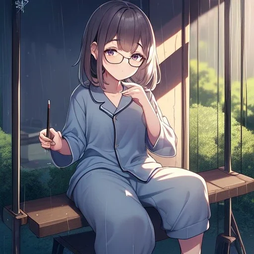 anime girl writing with a pencil in her hand in a book sitting on a porch swing of a very old house in the rain, wearing pajamas,wearing glasses, rain and raindrops