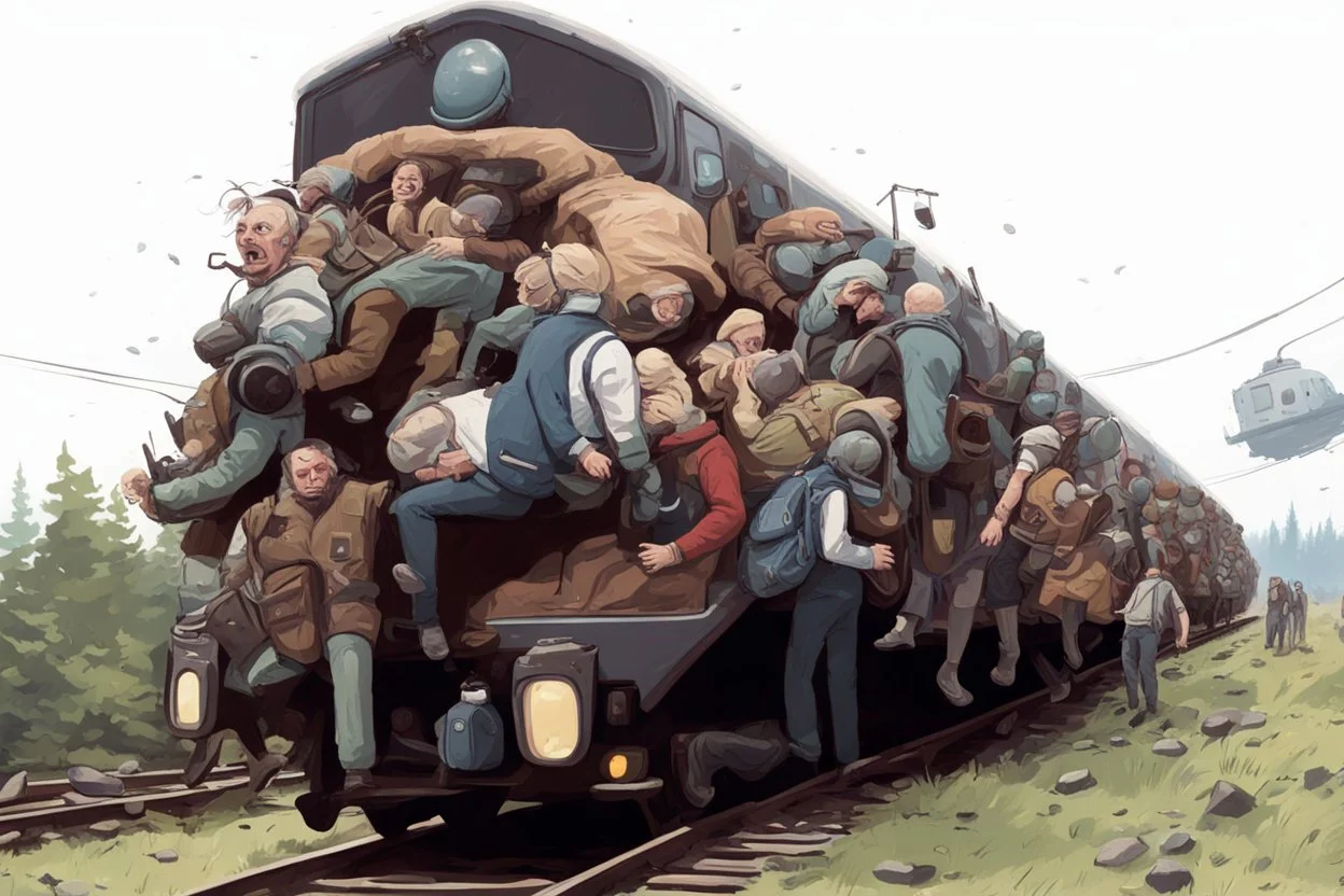 People is trying to flee from giant aliens from space on a train, Simon Stålenhag cartoon style