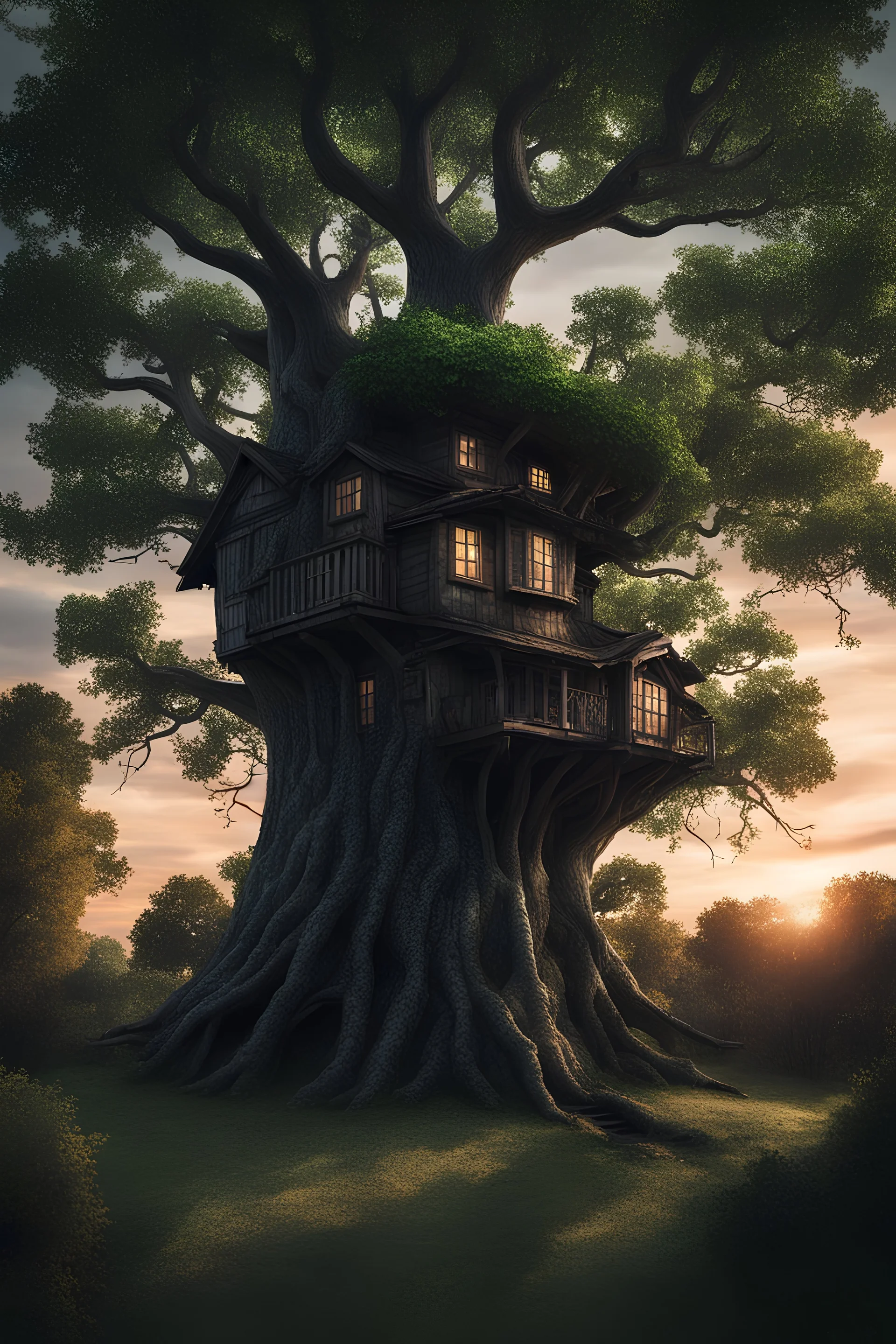 An ominous dark tree house, with dark windows. tree full of green leaves. show the whole roof of the tree house. place the house near the top of the tree with a long rope ladder to the ground. the time of day is sunset. in someone's back yard. the tree is large. show sky underneath the leaves and treehouse, around the trunk. make the house only one story tall.