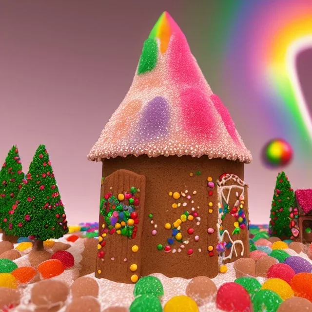 model of gingerbread house with gazebo, cotton candy trees, rainbow sprinkles, crushed rock candy as walls, gumdrops, frosting, 8k resolution, centered, high-quality, ultrafine-detail, digital art, flickering light, detailed matte, volumetric lighting, illustration, 3D octane render, brian froud, howard lyon, ben goossens, George Grie, greg rutowski, alphonse mucha