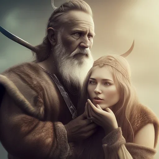 Viking theme, a younger woman sitting next to a 50-year-old man, portrait, 8K, close-up face, anatomically perfect face, Highly detailed stunning full frame portrait, misty and cloudy atmosphere