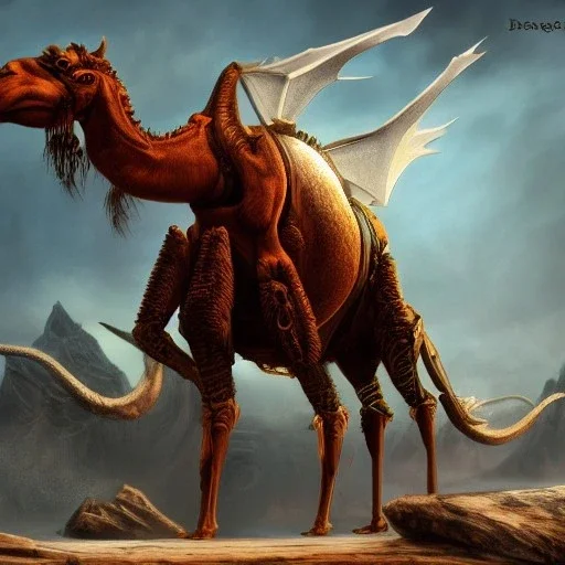 cyborg demon camel with long legs and dragon wings, fantasy art, 4k,