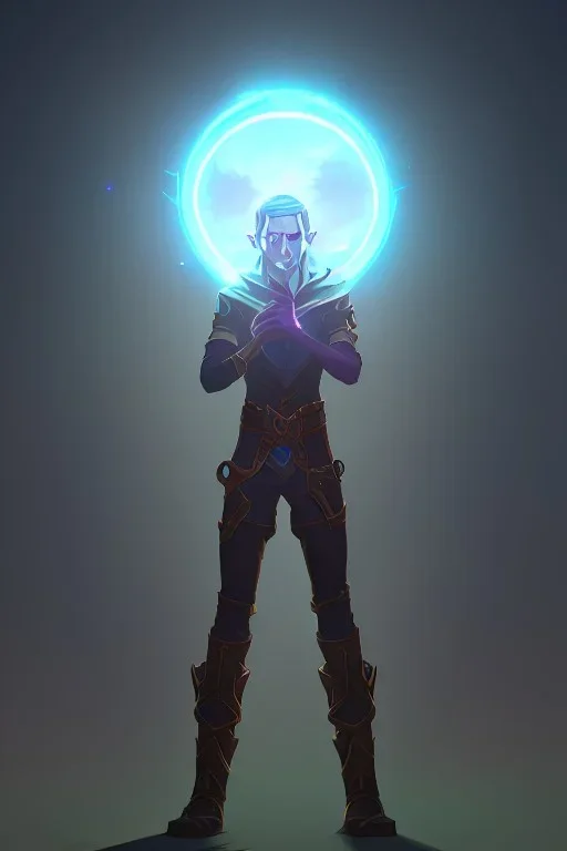 an elf wizard who is holding a glowing orb, in a city at night