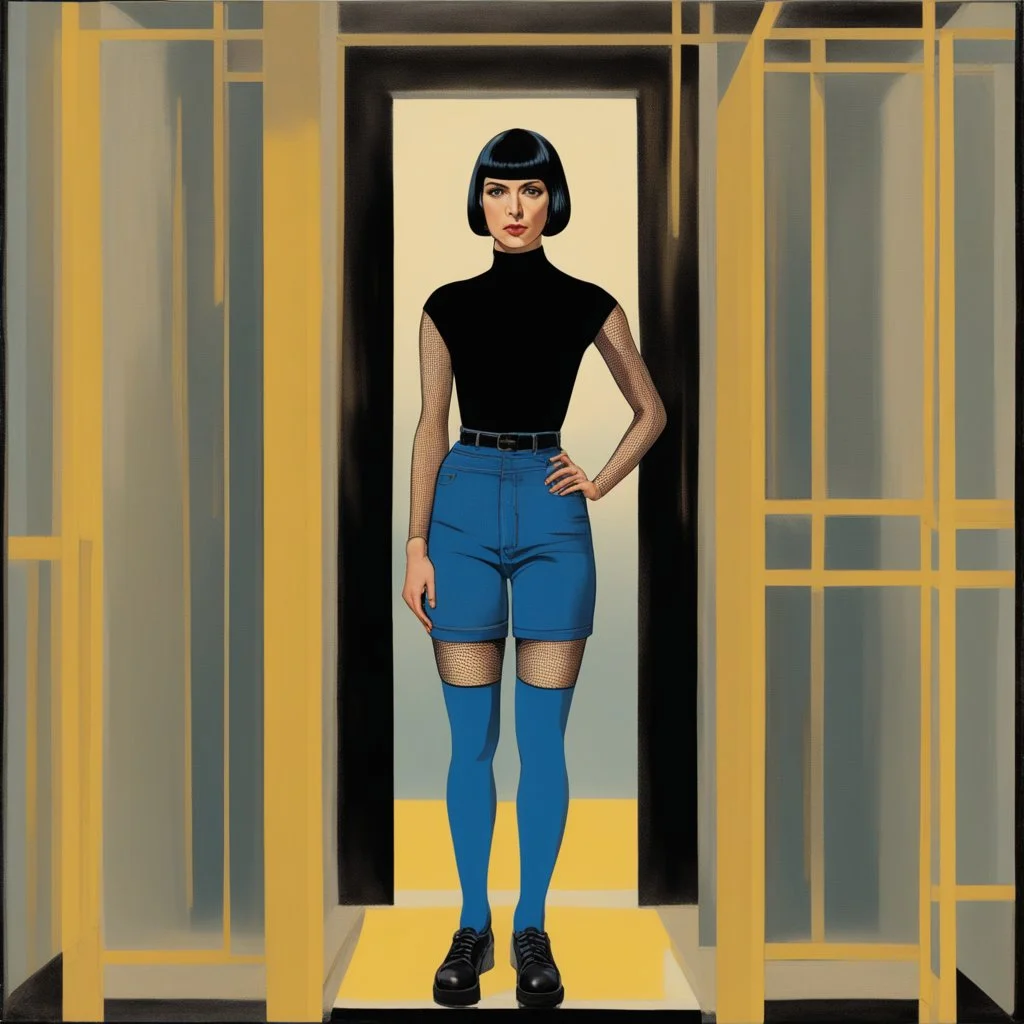 full body portrait -- an absolutely stacked, thin, petite, little female, who resembels Spock, with great big giant bazoombas, short, military-cut, buzz-cut, pixie-cut black hair tapered on the sides, wearing short sleeved, nylon, Turtleneck tube top, blue jean mini shorts, heavy, black fishnet stockings, punk rock styled, platform boots, red lipstick, dark, emo, eye makeup