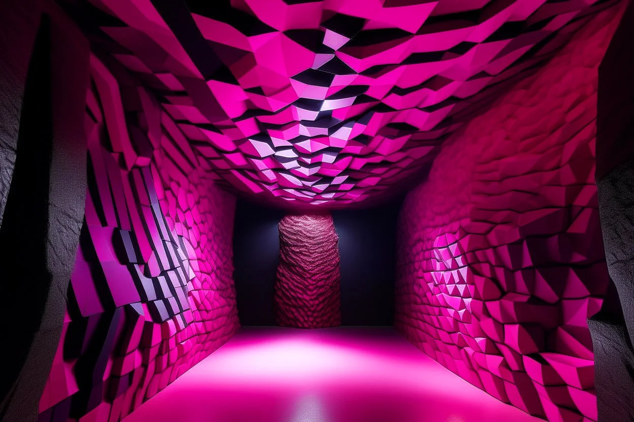 A magenta cavern near the sea designed in Ica stones painted by Victor Vasarely