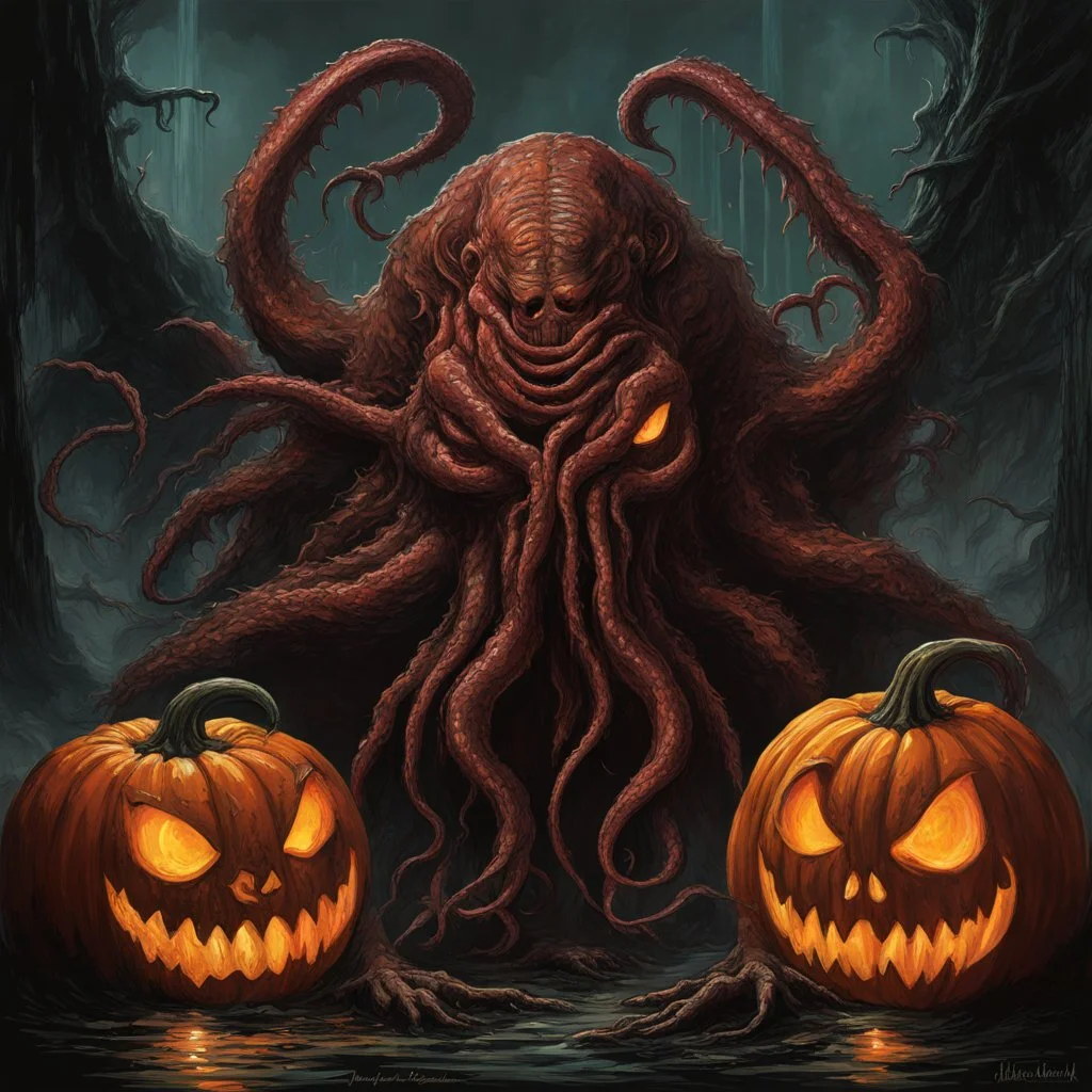 Lovecraftian Cthulhu Jack-O-Lantern, dramatic expansive horror masterpiece, by Greg Rutkowski, by Jeremy Mann, by Mike Dubisch, vibrant dark colors, hyperdetailed wet brush matte painting; dramatic, deep red-black-orange colors.