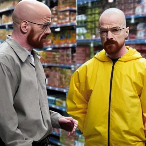 Walter White yells at Jessie Pinkman in a Costco, photorealistic