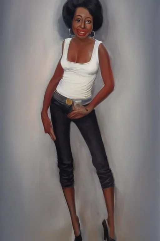 Portrait lady, full body shot, full-color long shot style of Beverly hills cop