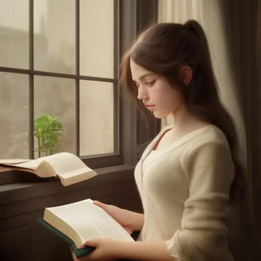 reading a book by the window studying girl, ultra detail, curl hair, realistic photo unreal engine, cinematic lighting --ar 1:1 creative