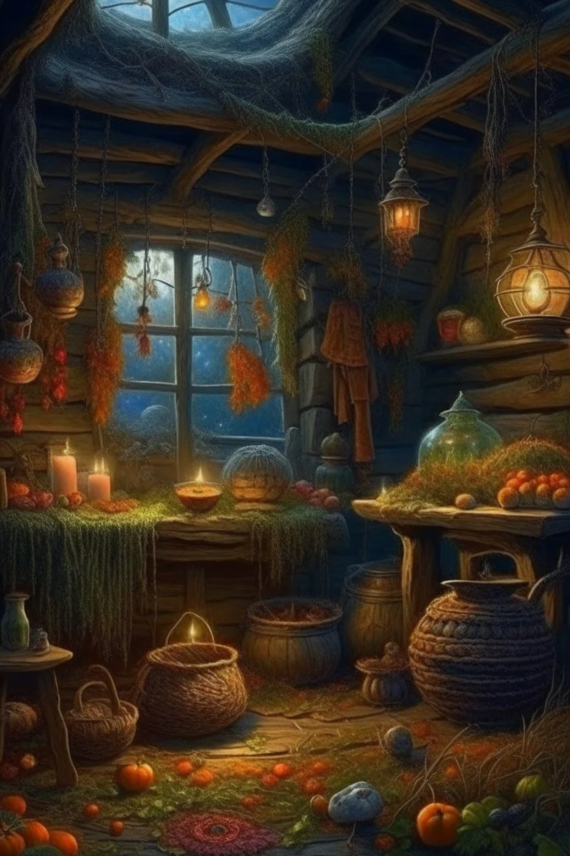 autumn landscape in the hut of a witch in a hat brews a potion+glass jars+basket+ +dried flowers+wildflowers+moss++decoupage of flowers+embroidery technique+braided beads+vine+moonlit night,fabulous landscape,surrealism,realism,naturalism,dot technique,microdetalization,high detail objects,digital illustration,volumetric clarity,dark fantasy,dark botanical.