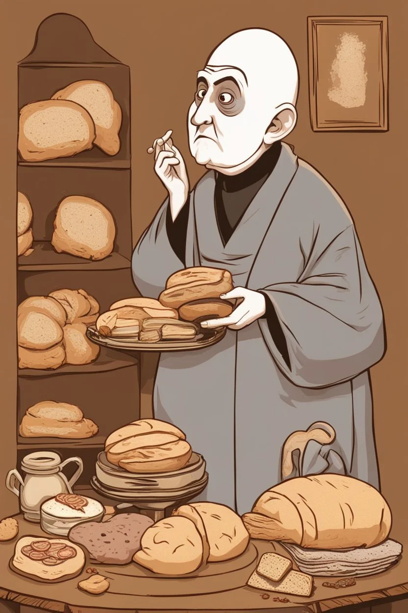 Uncle Fester Addams in front of Some Breads and Other Things Arranged on a Brown Background