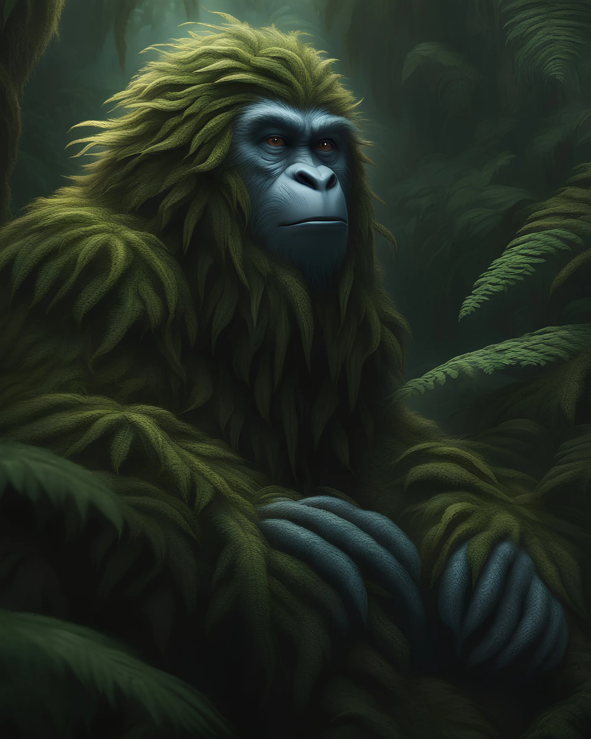 Craft a breathtaking 4K image of the legendary Yeti in the rainforest, showcasing hyper-realistic details. Capture the elusive creature amidst lush greenery, with every raindrop and strand of its shaggy fur meticulously depicted. Create a sense of awe and mystery as the Yeti's piercing gaze meets the viewer, immersed in the vibrant ecosystem of the rainforest. Include ferns, hanging vines, and dappled sunlight filtering through the dense foliage. Let your art transport viewers into a world where