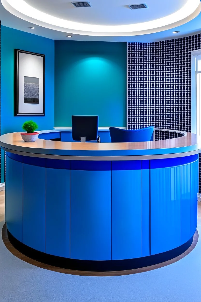 A circular blue reception desk with three chairs