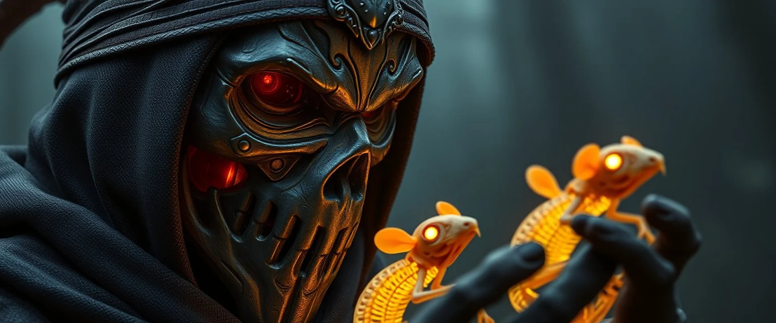 close up on face of ninja necromancer in the wild, raising glowing raven skeleton rat babies