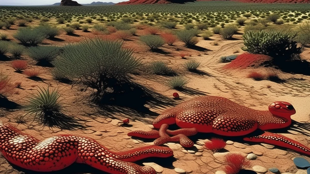 A dark red desert with reptiles designed in Ica stones painted by Andy Warhol