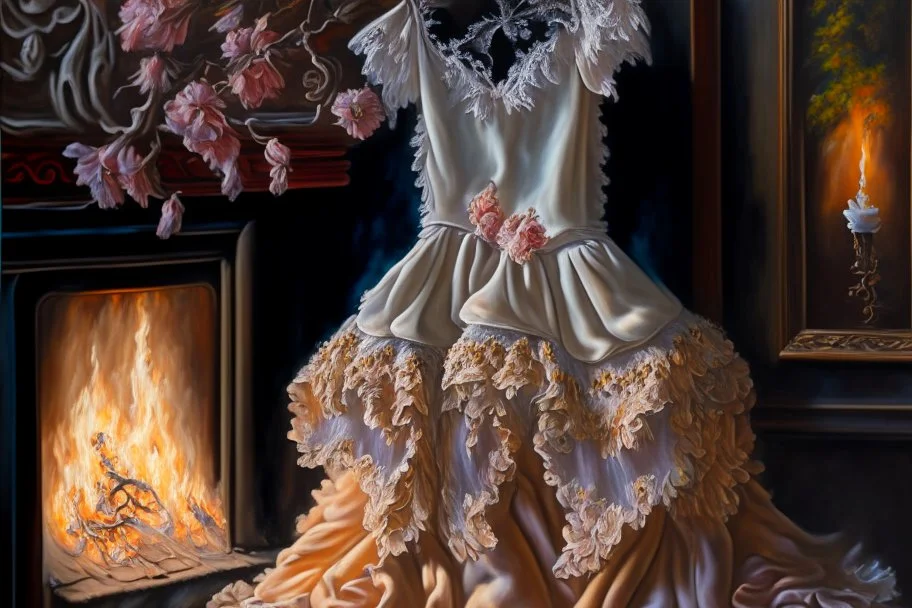 A beautiful romantic ruffled dress, decorated with beautiful embroidered flowers and lace, hanging on a hanger in a bedroom by the fireplace, in the light of the fireplace, Hyper realistic, oil on canvas award winning fantastic view ultra detailed acrylic art Ultra realistic Impressionism Surrealism simen johan, sharp focus intricate oil on canvas cinematic lighting photorealistic high detail ultra detailed crisp quality colourful, ethereal, cinematic postprocessing, bokeh, dof in sunshine