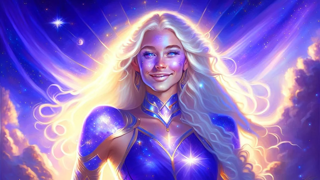 Full body portrait of a peaceful smiling gorgeous blonde Goddess of the galaxies with a blue indigo purple skin, high skul, luminous eyes in a galactic sunset