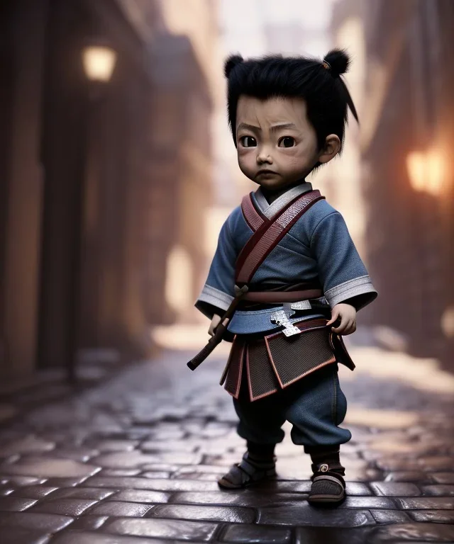 little boy samurai. shadows, Brent Weeks, Night Angel, cobblestone street alley, highly detailed, hyper-detailed, beautifully color-coded, insane details, intricate details, beautifully color graded, Cinematic, Color Grading, Editorial Photography, Depth of Field, DOF, Tilt Blur, White Balance, 32k, Super-Resolution, Megapixel, ProPhoto RGB, VR, Halfrear Lighting, Backlight, non photorealistic rendering