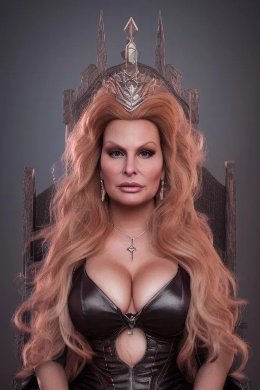 Jennifer Coolidge as evil queen in leather gown, sitting on a throne, cleavage, angry, stern look, unreal 5, octane render,cinema4d, dynamic lighting, dramatic lighting, 4k, redshift render, highly detailed, hyper realistic