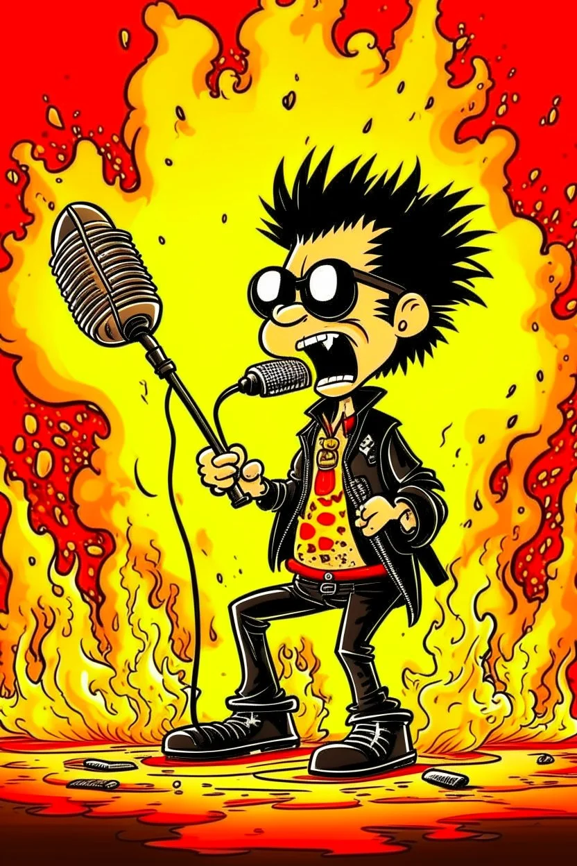 Firestarter animateur radio hardrock with a microphone. Seems angry. Flames all around