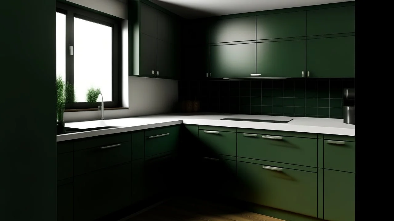 kitchen with dark green furniture, on the left side by the window from the bottom up, a microwave and an oven installed in the furniture, and on the right side and next to it an induction hob and a cooker hood above it, on the right side there is a sink and a dishwasher underneath it