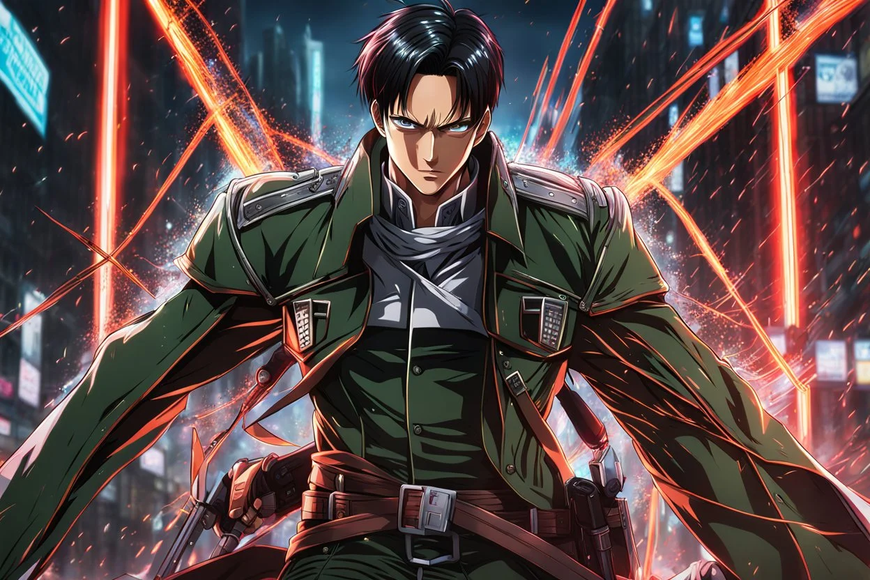 levi 8k anime sci-art drawing style, attack on titan them, neon effect, close picture, rain, apocalypse, intricate details, highly detailed, high details, detailed portrait, masterpiece,ultra detailed, ultra quality