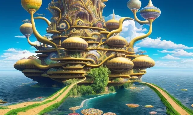 floating islands with waterfalls connecting each other whimsical surrealism, based on child's drawing, lsd trip, dream recording, sharp focus, deep - space imaging fantastical setting isometric view octane render, art by salvador dali, greg rutkowski studio ghibli