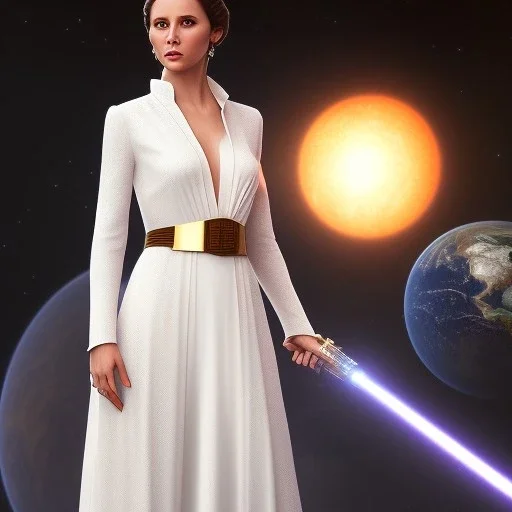 model shoot style, digital art zoomed out portrait of (Princess Leia) ((dressed in white and off white gown)), surrounded by 100 planets, ultra-detailed, ultra quality, illustration, eerie atmosphere, 8k, cinematic lighting