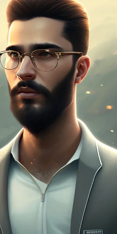 Muslim Man, young, glasses, beard, brown hair, brown eyes, medium hair, bangs side part, head and shoulders portrait, head and shoulders portrait, 8k resolution concept art portrait by Greg Rutkowski,