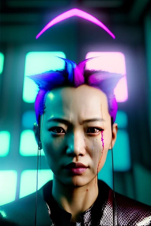 Cyberpunk portrait, Asian woman:: symmetry photography, cyberpunk, pink hair, face make-up, black line eye, light iris eye, :: kenzo fashion style, latex coat :: cinematic, Ultra realistic, dark scene, soft color, highly detailed, unreal engine 5, RTX, ultra detail, 3d, finely drawn, high definition.