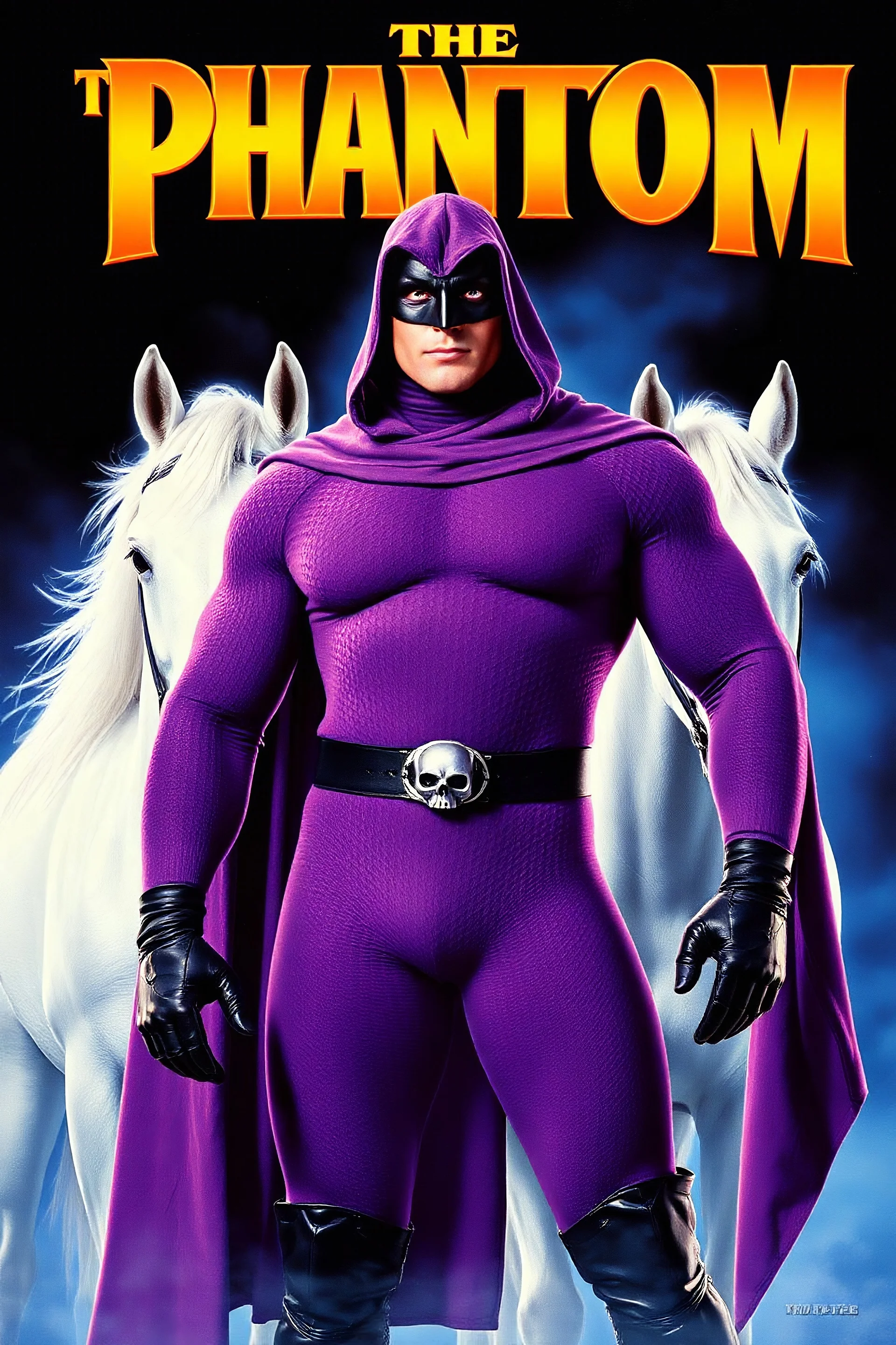 Movie Poster - ((("THE PHANTOM"))), extremely thick, muscular, 6'6'' 18-year-old Billy Zane with extremely exaggerated muscles as the Phantom, long-sleeved, textured, padded purple cotton bodysuit with skintight, formfitting textured purple cotton cowl with ((black eye mask)) and widow peak, black gloves and wrist gauntlets, black boots, double holstered utility belt, skull-shaped belt buckle, glowing, white eyes, standing next to his white horses, captured in a breath-taking explosion of color