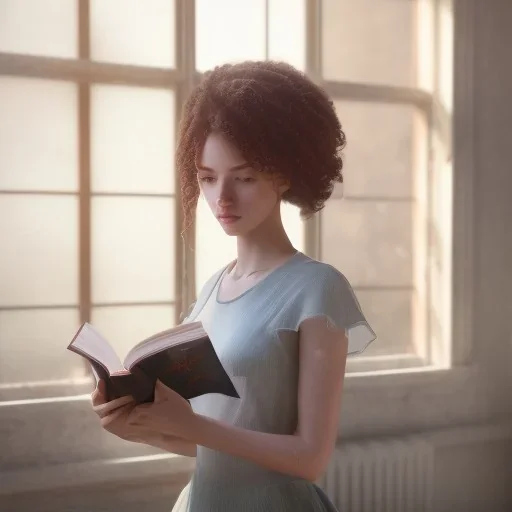 Study girl, curl hair read a book in by the window, ultra detail, real photo realistic, unreal engine, cinematic lighting --ar 1:1 creative