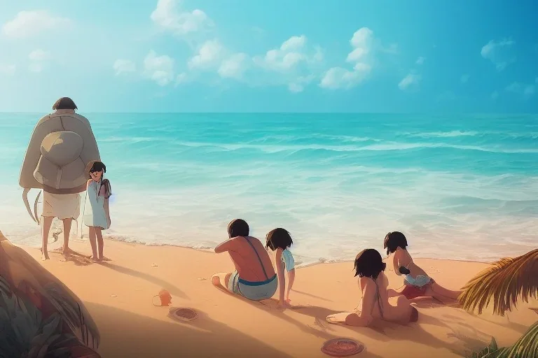 a beach, cinematic angle, studio ghibli, wes anderson, volumetric lighting, breathtaking, beautiful composition, elegant, digital art, detailed, oil painting, hyperrealistic, sharp focus, 8k